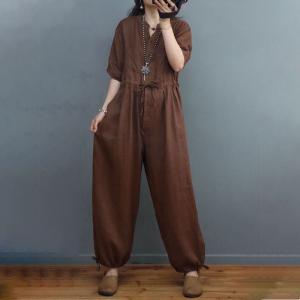 High Waisted Casual Linen Jumpsuits Balloon Legs Tied Jumpsuits