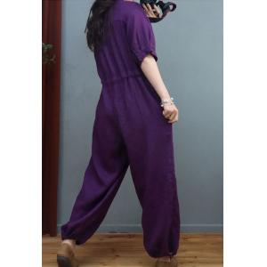 High Waisted Casual Linen Jumpsuits Balloon Legs Tied Jumpsuits