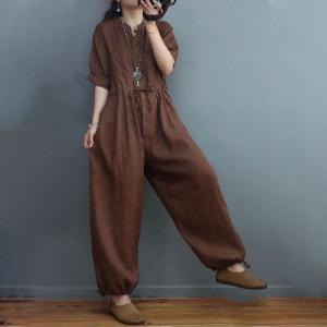 High Waisted Casual Linen Jumpsuits Balloon Legs Tied Jumpsuits