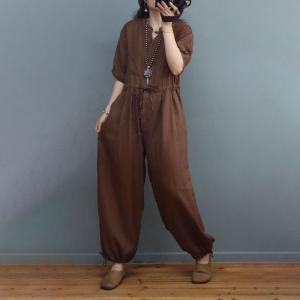 High Waisted Casual Linen Jumpsuits Balloon Legs Tied Jumpsuits