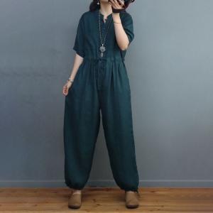 High Waisted Casual Linen Jumpsuits Balloon Legs Tied Jumpsuits