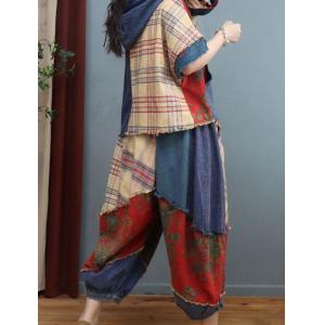 Printed Fringed Hooded Top with Cotton Linen Tartan Harem Pants