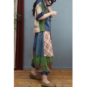 Printed Fringed Hooded Top with Cotton Linen Tartan Harem Pants