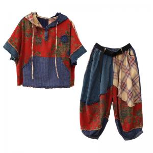 Printed Fringed Hooded Top with Cotton Linen Tartan Harem Pants