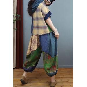 Printed Fringed Hooded Top with Cotton Linen Tartan Harem Pants