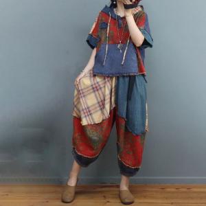 Printed Fringed Hooded Top with Cotton Linen Tartan Harem Pants