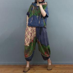 Printed Fringed Hooded Top with Cotton Linen Tartan Harem Pants