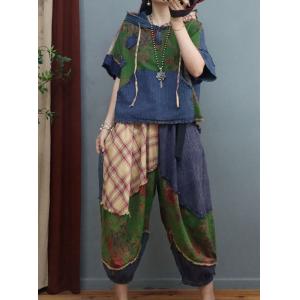 Printed Fringed Hooded Top with Cotton Linen Tartan Harem Pants