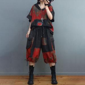 Chinese Patchwork Hooded Pullover with Printed Belted Balloon Shorts