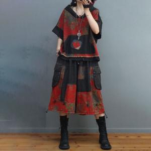 Chinese Patchwork Hooded Pullover with Printed Belted Balloon Shorts