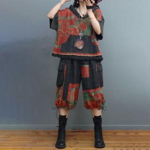 Chinese Patchwork Hooded Pullover with Printed Belted Balloon Shorts