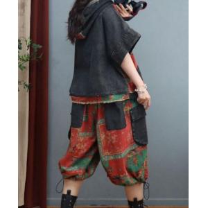Chinese Patchwork Hooded Pullover with Printed Belted Balloon Shorts
