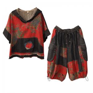 Chinese Patchwork Hooded Pullover with Printed Belted Balloon Shorts