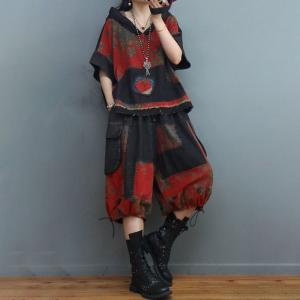 Chinese Patchwork Hooded Pullover with Printed Belted Balloon Shorts