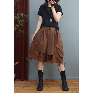 Solid Colors Belted Bloomers Shorts Trendy 90s Ripped Shorts