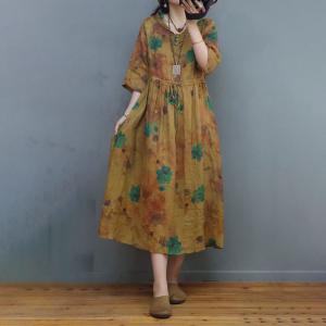 Tied Waist Ramie Floral Yellow Dress Loose Hooded Dress