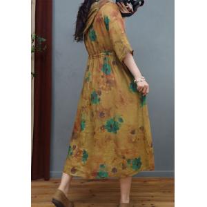 Tied Waist Ramie Floral Yellow Dress Loose Hooded Dress