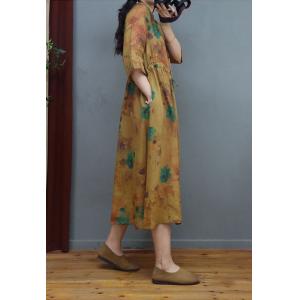 Tied Waist Ramie Floral Yellow Dress Loose Hooded Dress