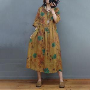 Tied Waist Ramie Floral Yellow Dress Loose Hooded Dress