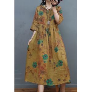 Tied Waist Ramie Floral Yellow Dress Loose Hooded Dress