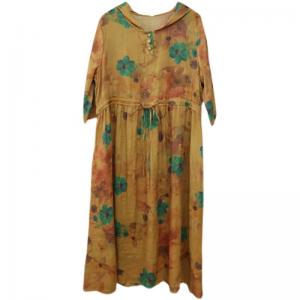 Tied Waist Ramie Floral Yellow Dress Loose Hooded Dress