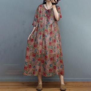 Comfy Breathable Ramie Loose Dress Beach Floral Maxi Resortwear