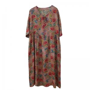 Comfy Breathable Ramie Loose Dress Beach Floral Maxi Resortwear