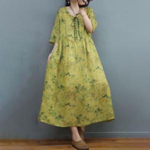 Comfy Breathable Ramie Loose Dress Beach Floral Maxi Resortwear