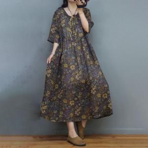 Tied Collar Ramie Midi Floral Dress Sheer Loose Maxi Dress