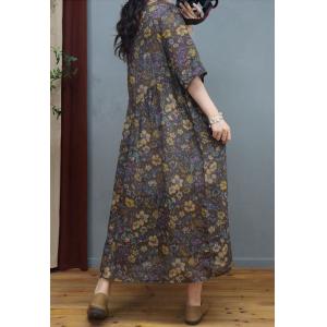 Tied Collar Ramie Midi Floral Dress Sheer Loose Maxi Dress