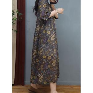 Tied Collar Ramie Midi Floral Dress Sheer Loose Maxi Dress