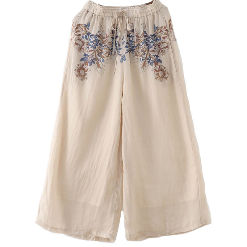 Blue Flowers Apricot Palazzo Pants Ramie Summer Beach Pants in Apricot ...