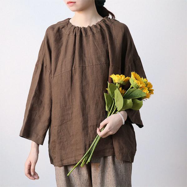 Tied Collar Long Sleeves Blouse Back Buttons Coffee Linen Shirt