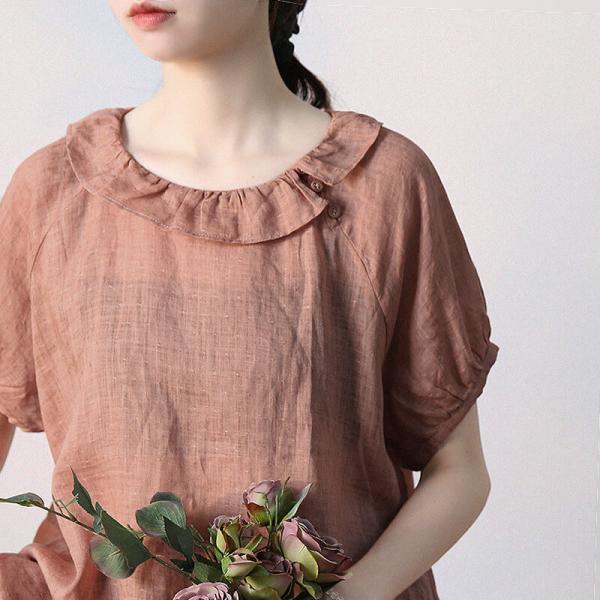 Flouncing Collar Short Sleeves Blouse Lightweight Ramie Blouse