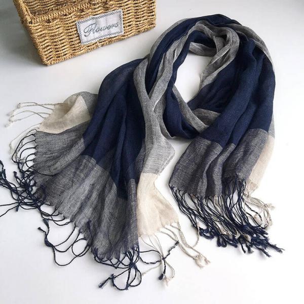 Fall Fashion Navy Blue Linen Scarf Breathable Tassel Shawl