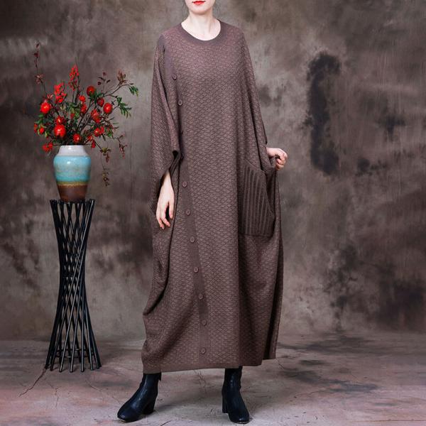 Slanted Buttons Sweater Caftan Dress Dolman Sleeves Wool Dress