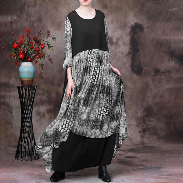 Loose-Fit Printed Layering Dress Long Sleeves Silk Fall Dress