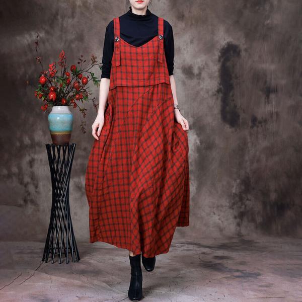 Preppy Style Red Tartan Dress Linen Checker Overall Dress