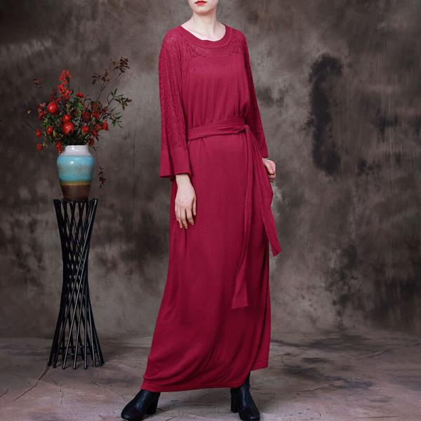 Crochet Lace Long Sleeves Elegant Dress Knit Cotton Belted Dress