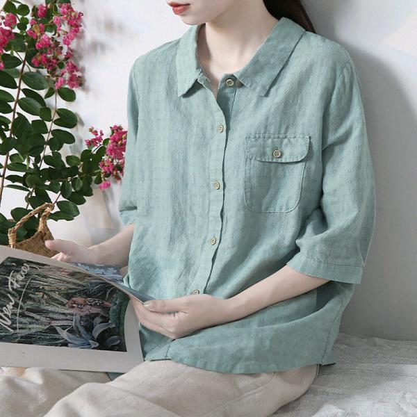 Chest Flap Pockets Linen Blouse Comfy Oversized Work Wear