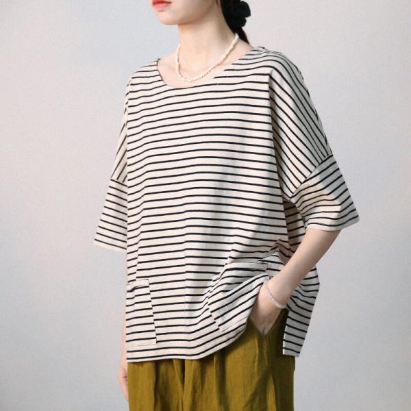 Horizontal Striped Casual Tee Half Sleeves Cotton T-shirt