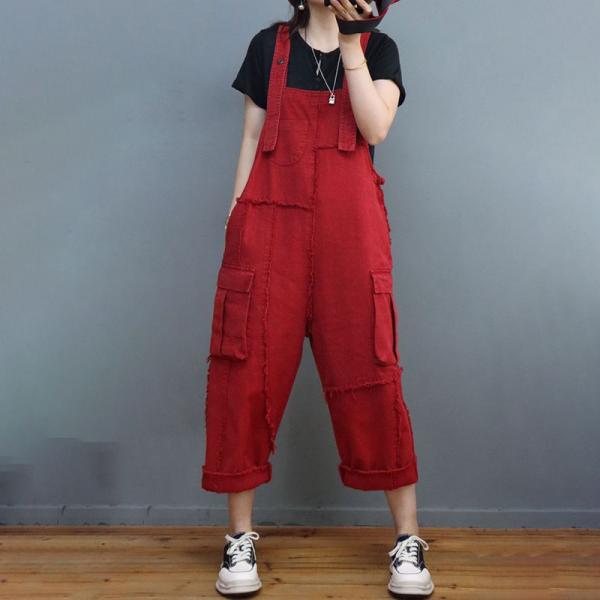 Side Flap Pockets Fringed Overalls Plus Size Jean Dungarees