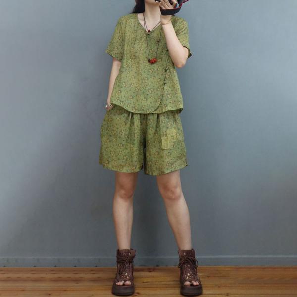 Organic Ramie Floral Qipao Blouse with Patchwork Wide Leg Sets
