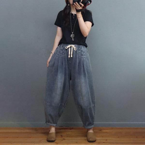Stone Wash Pleated Baggy Jeans Drawstring Waist Balloon Jeans