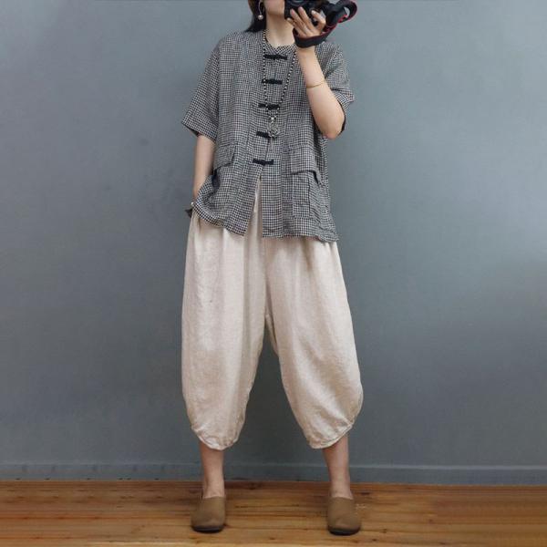 Chinese Pankou Cotton Linen Blouse Little Plaid Flax Clothing