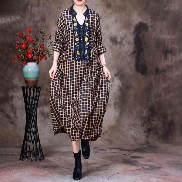 Loose-Fit Flowers Embroidery Dress Cotton Linen Tartan Dress