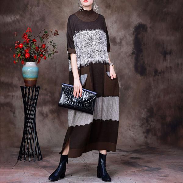 Bicolored Half Sleeves Sweater Dress Loose Mock Neck Dress