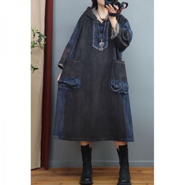 Black and Blue Chinese Buttons Hooded Dress Plus Size Denim Dress