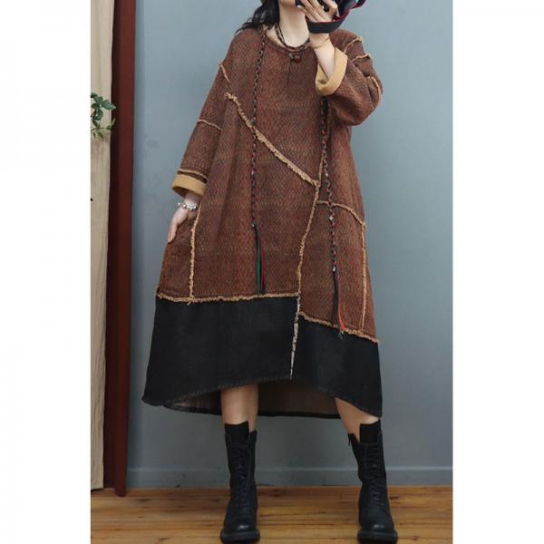 Coffee Contrast Cotton Linen Fringed Dress Loose Midi Dress