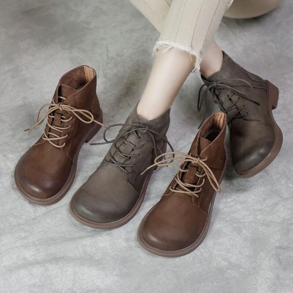 Low Heels Cowhide Martin Boots Vintage Tied Ankle Booties